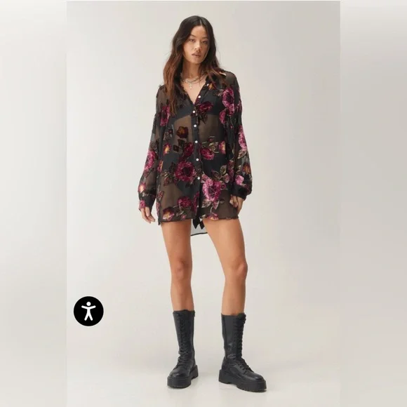 Nasty Gal Devore Oversized Sheer Floral Shirt Dress - Picture 1 of 14